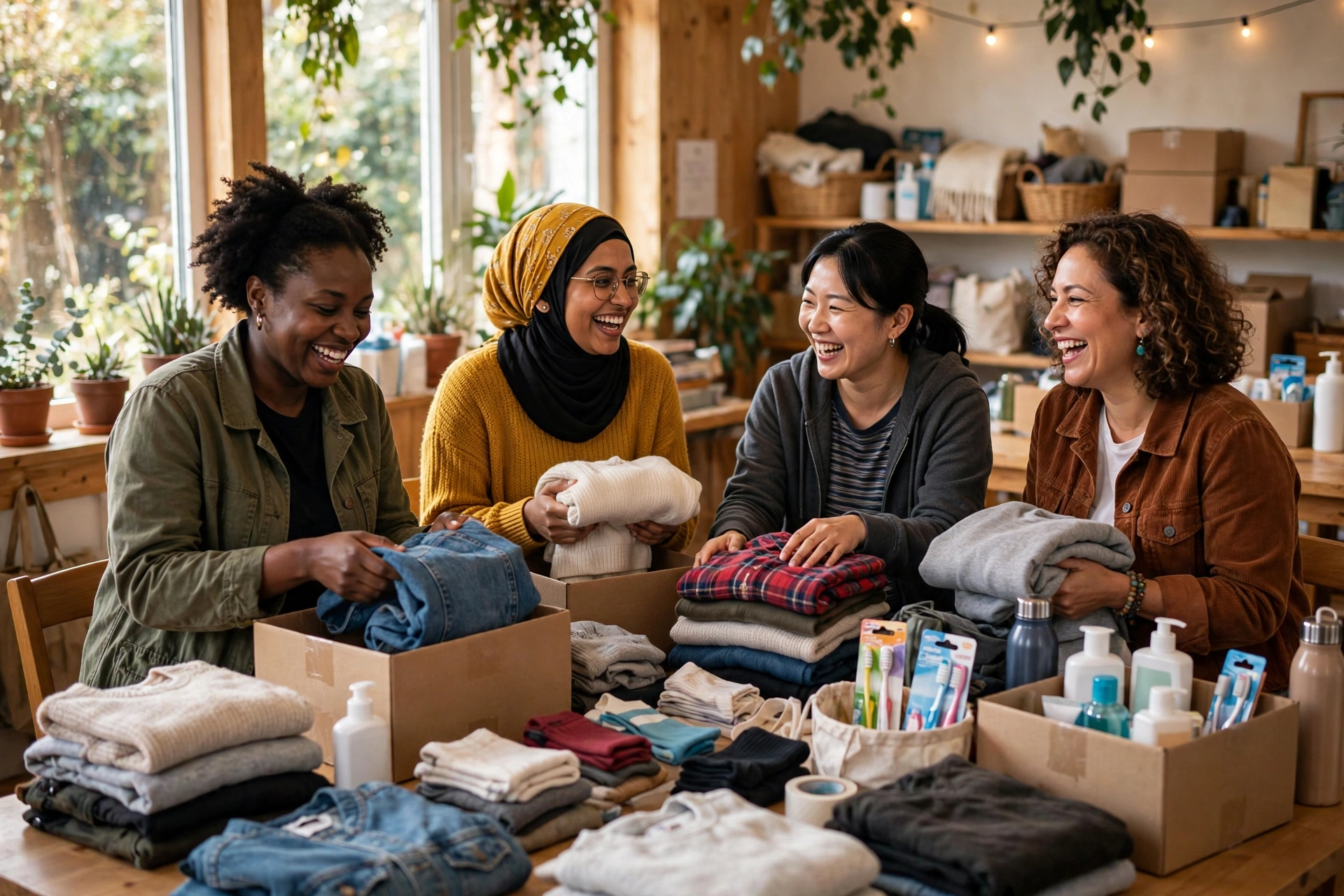 Volunteers laughing together while sorting donated clothing and essentials