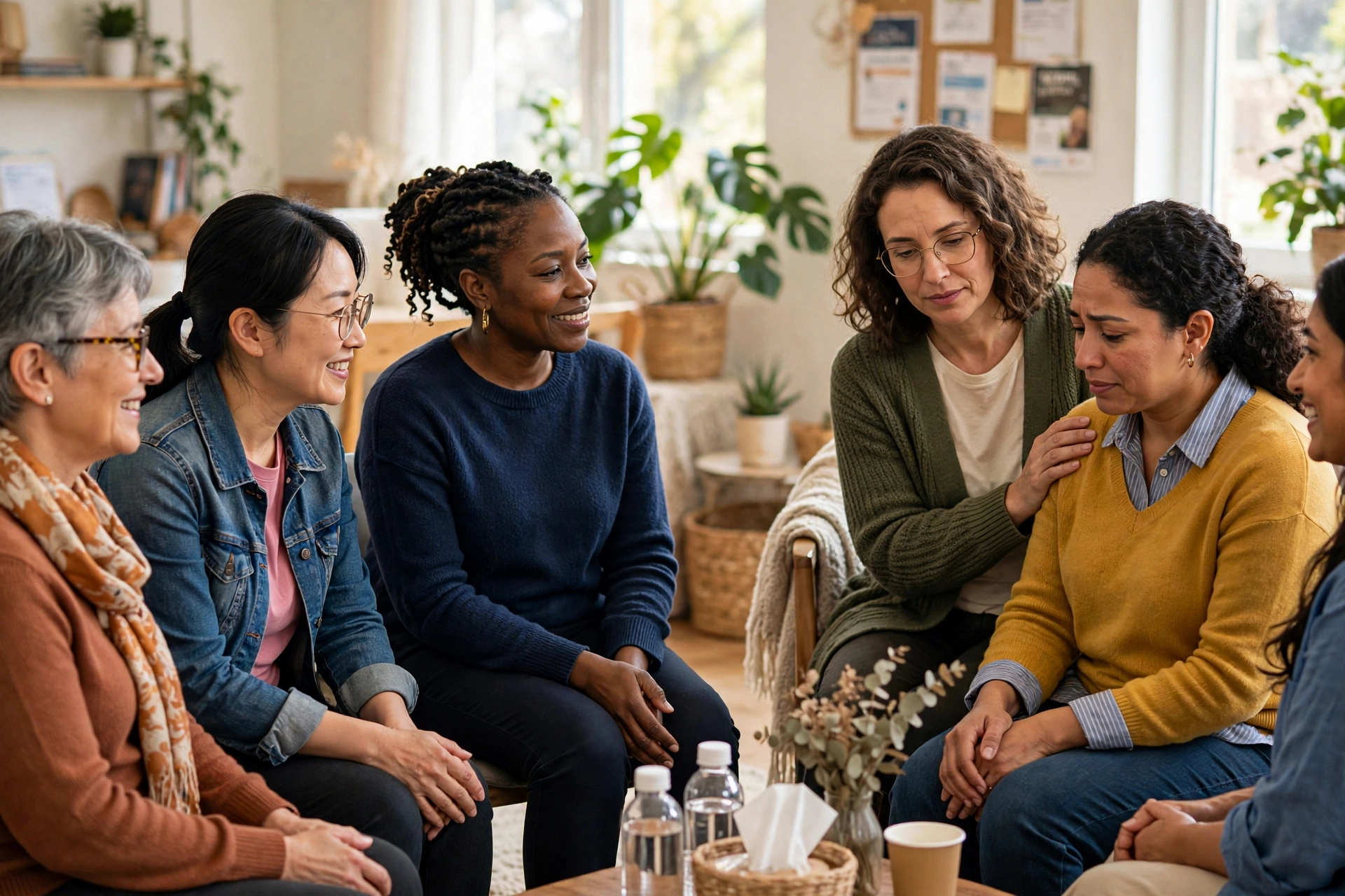 A circle of women sharing and supporting one another in a warm room